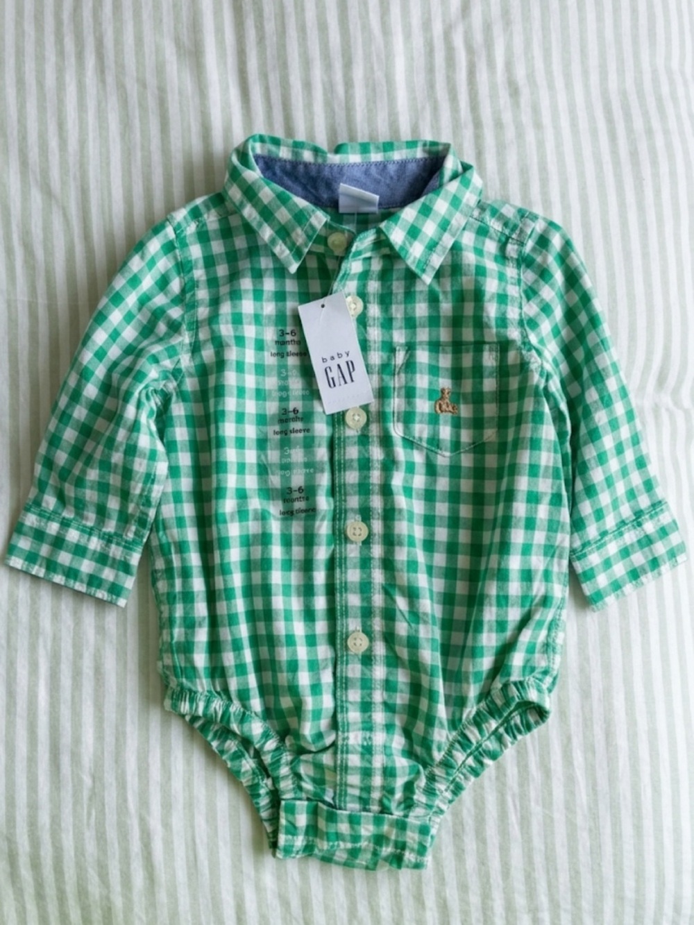 New Baby Gap Classic Emerald Green Gingham Long Sleeve Button Down Bodysuit 3-6M